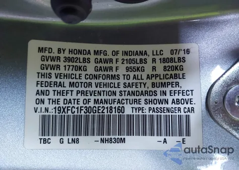 2016 Honda Civic Ex-T from USA, damaged, VIN 19XFC1F30GE218160